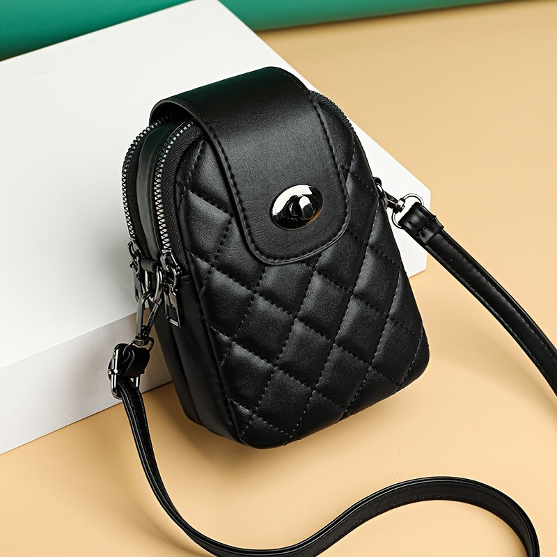 Stylish Black Quilted Crossbody Phone Bag with Anti-Theft Design, Detachable Strap & Multiple Compartments for Women, Phone Purse