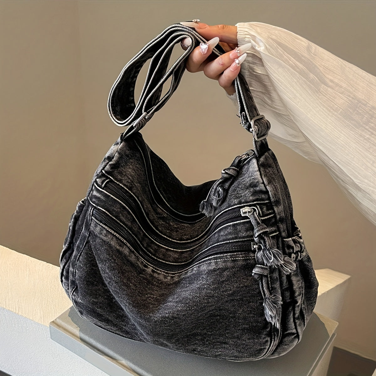 Casual Solid Color Denim Crossbody Bag for Women with Adjustable Strap, Multiple Zip Compartments, Fabric Shoulder Messenger Bag, Practical High-Fashion Design for Daily Use