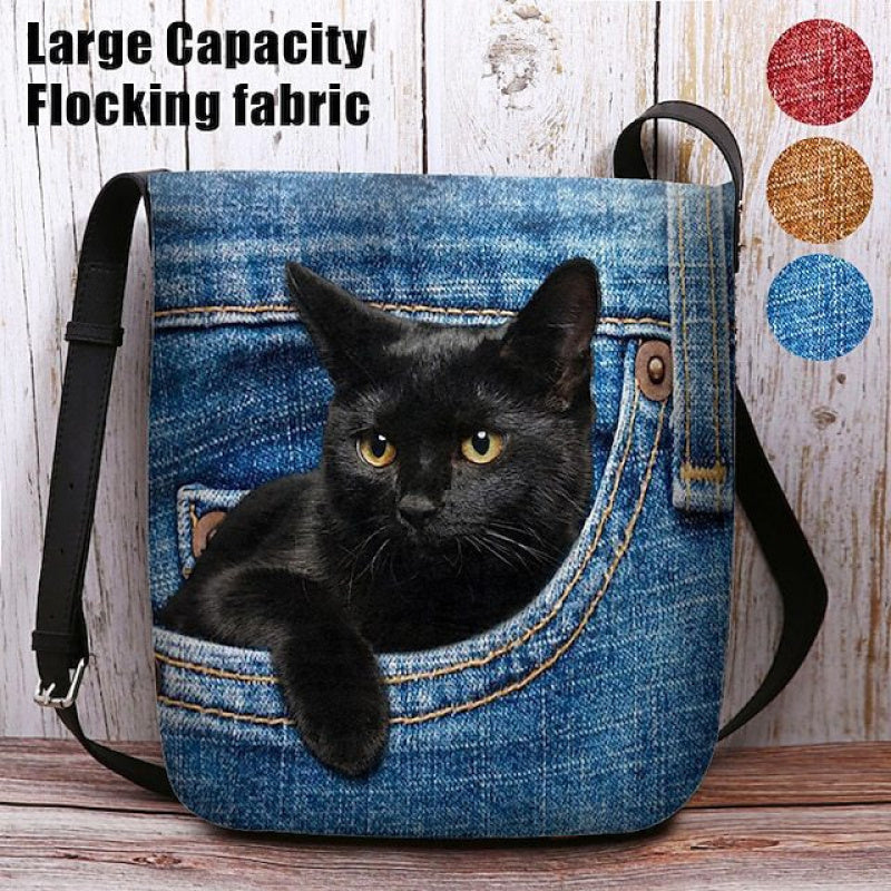 1pc Women's -Style Cat Peeking Pocket Crossbody Bag - Lightweight Polyester Adjustable Strap Shoulder Bag with Magnetic Closure, Light Blue/Red for Everyday Casual Outings