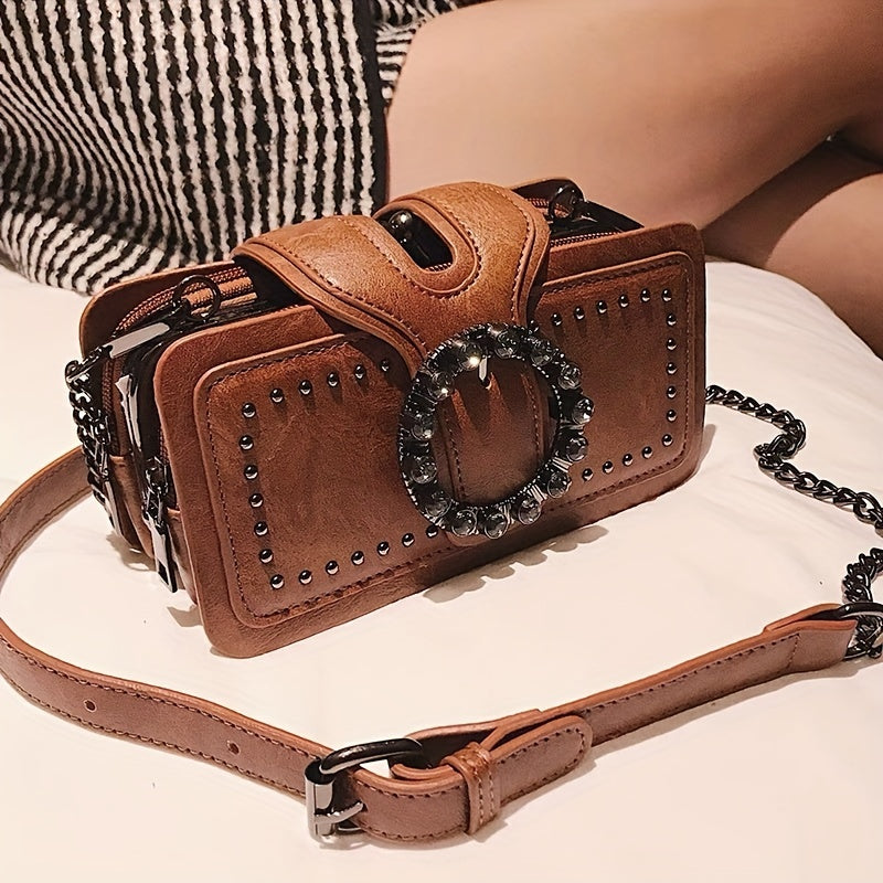 [Studded Crossbody Decor Bag] Retro Studded Decor Crossbody Bag, Women's Small Chain Shoulder Bag, Luxury Buckle Decor Square Purse