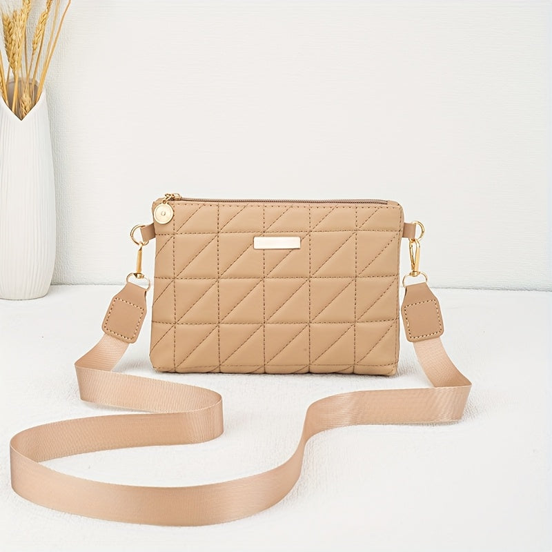 2025 New Women's Fashion Quilted Chevron Crossbody Bag - with Adjustable & Detachable Strap, Golden-Tone Hardware, Zipper Closure, Khaki/White/Black, Crossbody Purse, Versatile Travel Purse, Modern Accessory, Durable Polyester Lining, Everyday Handbag, St