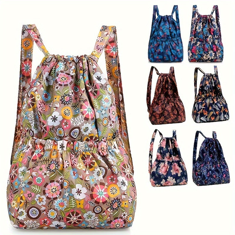 1pc Floral Print Nylon Drawstring Backpack - Lightweight Travel & Sports Rucksack with Shoulder Straps, Vibrant Geometric Design, Multiple Compartments for Women, Pink, Travel Backpack