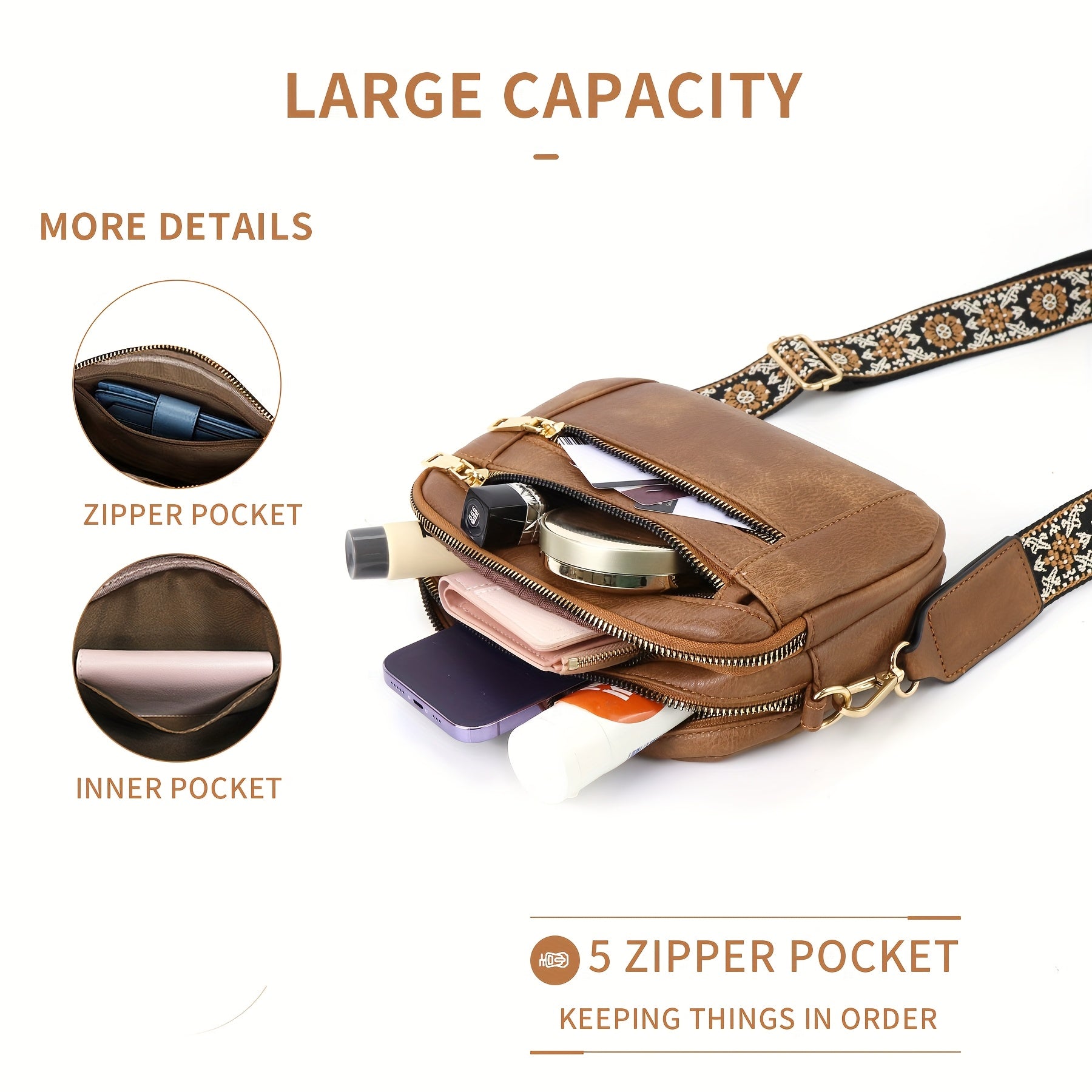1pc Bohemian Style Women'S Casual Crossbody Bag - Trendy PU Vegan Shoulder Purse with Retro Adjustable Strap, Lightweight & Spacious Commuter Bag, Brown with Floral Pattern, Zipper Closure, Everyday Shoulder Bag | Bohemian Fashion | Lightweight Bag