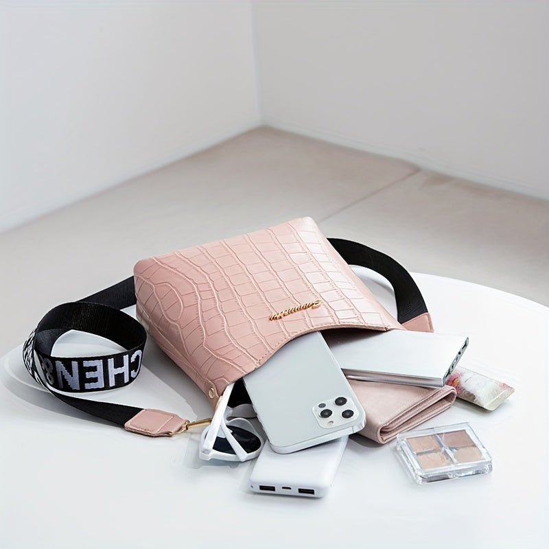 Stylish Crocodile Pattern Crossbody Bag with Golden-Tone Hardware & Black Letter Strap - Versatile Synthetic Leather Shoulder Bag in White, Pink, Green, Yellow, or Black - Trendy Minimalist Design for Everyday Use, Everyday Shoulder Bag | Trendy Crocodile