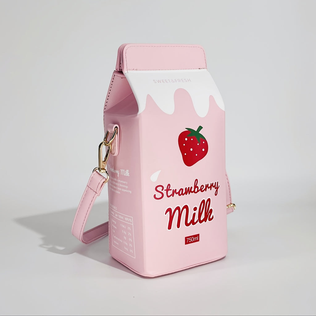Strawberry Milk Carton Crossbody Bag - Cute Pink PU Shoulder Bag with Adjustable Strap, Zipper Closure, and Playful Cow Print Design for Travel & Everyday Use, Cow Print Purse