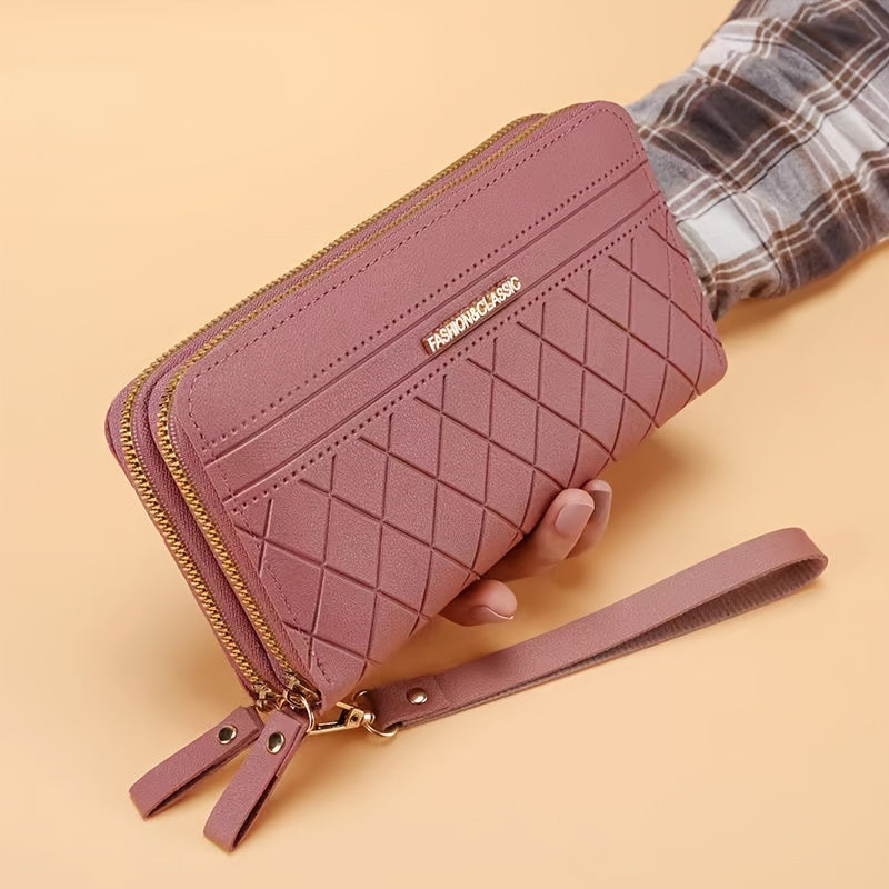 2023 Chic Black Diamond-Quilted Long Wallet with Wrist Strap, Double Zipper Closure, Large Capacity Phone Pocket & Multiple Card Slots - Synthetic Leather