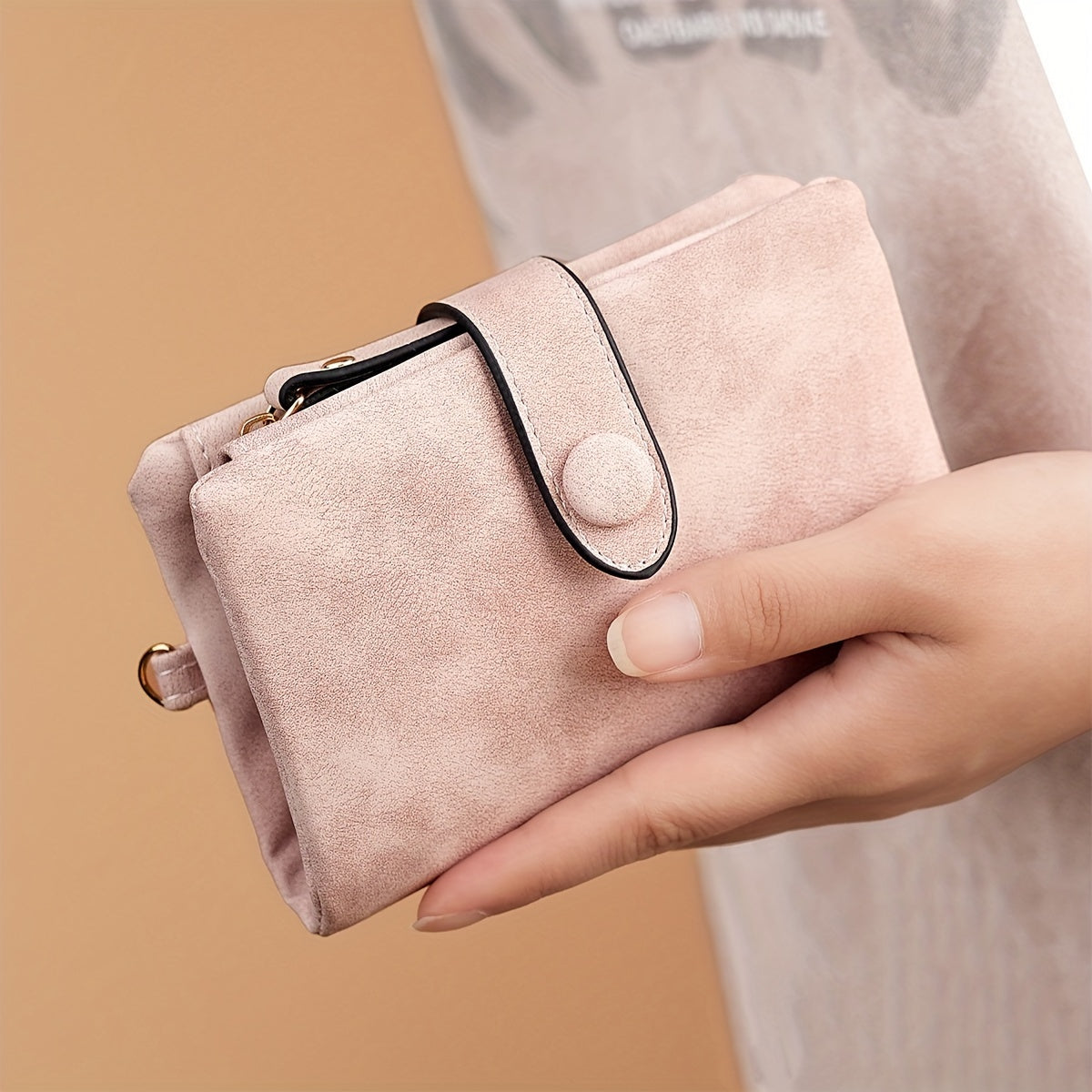 1pc CARRKEN Women's Vintage Matte Pink Wallet - Tri-Fold Design with Snap Closure, Zipper Pocket & Wrist Strap - Compact Credit Card Holder Organizer, Everyday Use or Gift for Her, Stylish Accessory | Durable Stitching, Cute Wallet