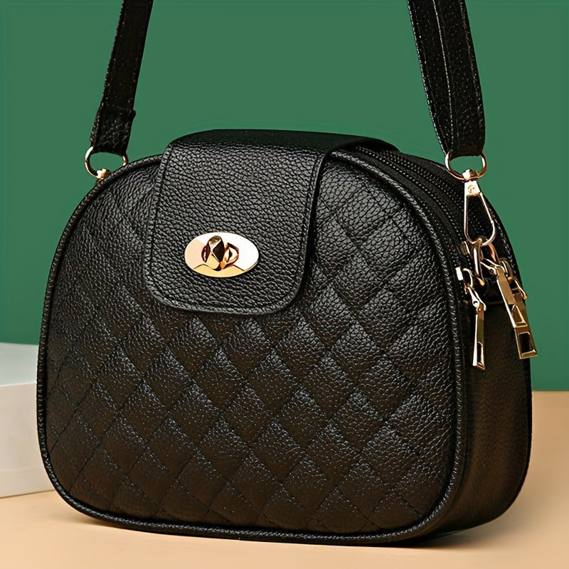 1pc Chic Quilted Round Shoulder Crossbody Bag - PU Leather, Casual & Stylish, Embroidery Detail - Perfect for Daily Use
