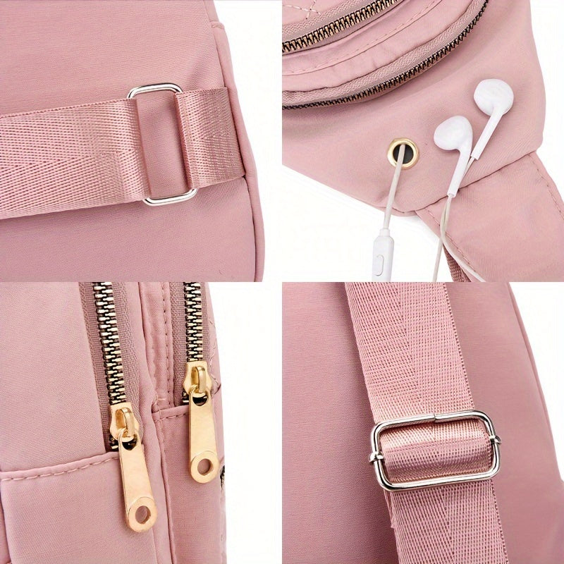 1pc Women'S Fashionable Embroidered Diamond Grid Shoulder & Crossbody Backpack - Large Capacity, Data Hole, Adjustable Strap, Multiple Compartments, Pink with Golden Zipper, Ideal for School or Work, School Backpack | Quilted Backpack | Adjustable Strap B