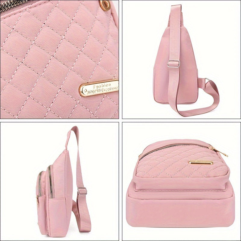 1pc Women'S Fashionable Embroidered Diamond Grid Shoulder & Crossbody Backpack - Large Capacity, Data Hole, Adjustable Strap, Multiple Compartments, Pink with Golden Zipper, Ideal for School or Work, School Backpack | Quilted Backpack | Adjustable Strap B