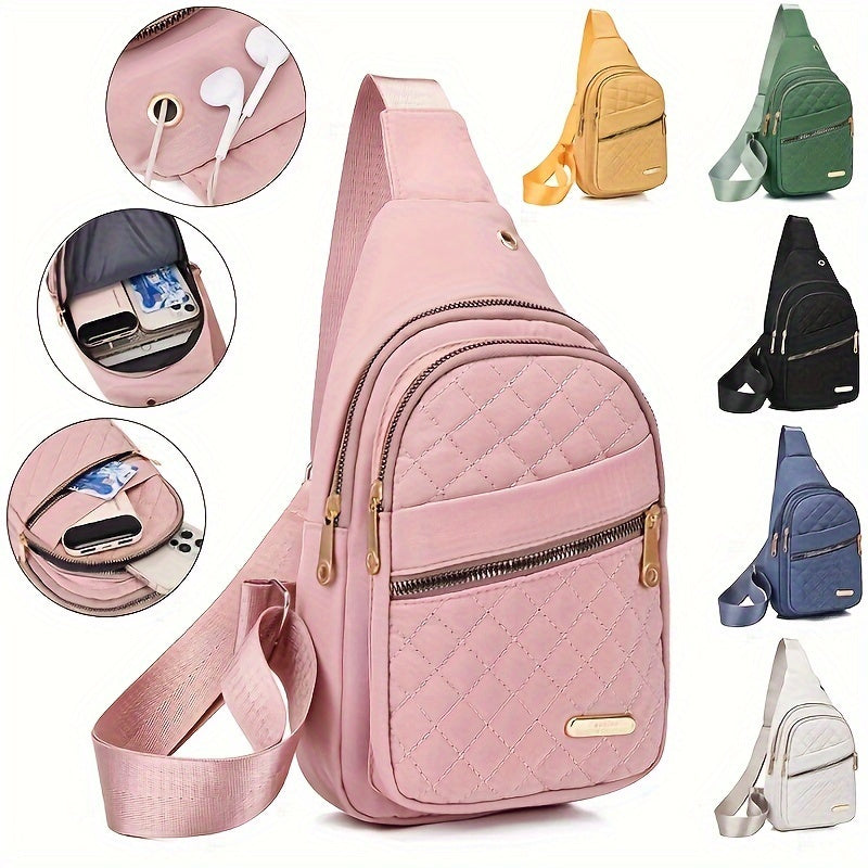1pc Women'S Fashionable Embroidered Diamond Grid Shoulder & Crossbody Backpack - Large Capacity, Data Hole, Adjustable Strap, Multiple Compartments, Pink with Golden Zipper, Ideal for School or Work, School Backpack | Quilted Backpack | Adjustable Strap B