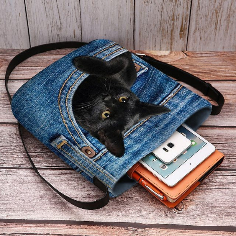 1pc Women's -Style Cat Peeking Pocket Crossbody Bag - Lightweight Polyester Adjustable Strap Shoulder Bag with Magnetic Closure, Light Blue/Red for Everyday Casual Outings