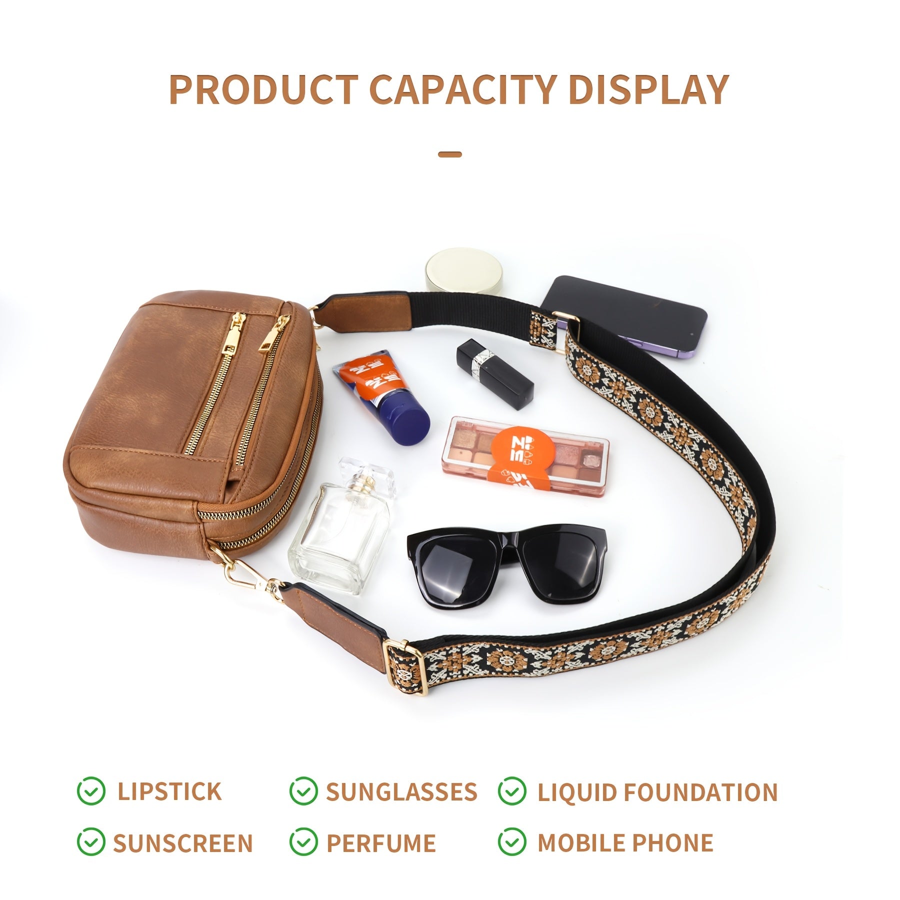 1pc Bohemian Style Women'S Casual Crossbody Bag - Trendy PU Vegan Shoulder Purse with Retro Adjustable Strap, Lightweight & Spacious Commuter Bag, Brown with Floral Pattern, Zipper Closure, Everyday Shoulder Bag | Bohemian Fashion | Lightweight Bag