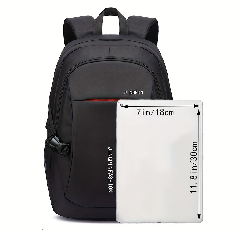 1pc Compact Men'S Nylon Backpack - Large Capacity Travel Bag for Work & College - Durable, Spacious, USB Cable Not Included - Fashionable Casual Style with Metal Puller, High-Quality Buckle, And Mesh Side Pockets - Black, Laptop Backpack, Suitable for Wom