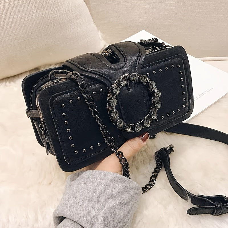 [Studded Crossbody Decor Bag] Retro Studded Decor Crossbody Bag, Women's Small Chain Shoulder Bag, Luxury Buckle Decor Square Purse