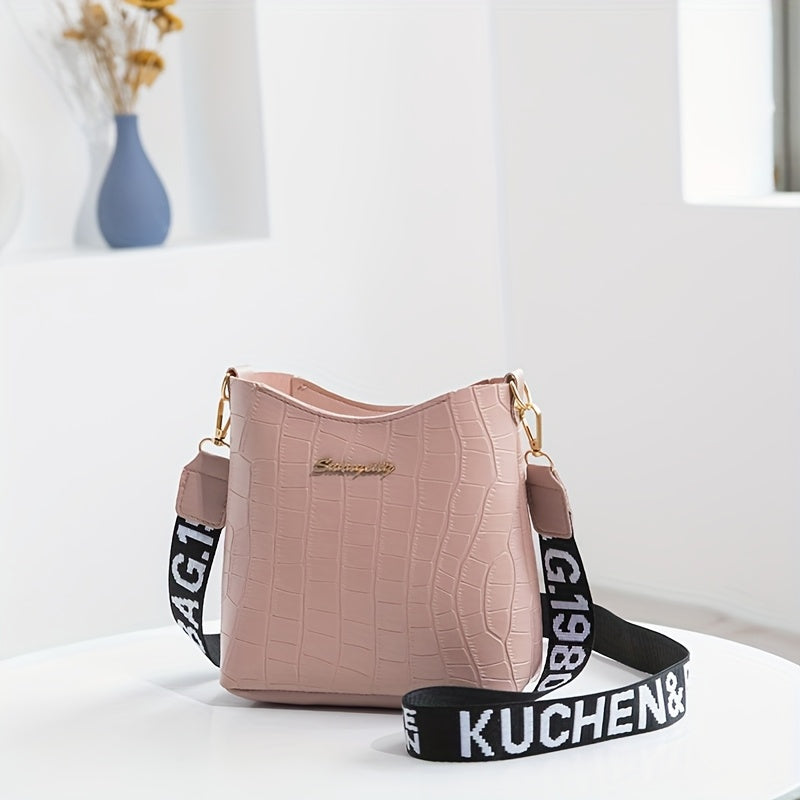 Stylish Crocodile Pattern Crossbody Bag with Golden-Tone Hardware & Black Letter Strap - Versatile Synthetic Leather Shoulder Bag in White, Pink, Green, Yellow, or Black - Trendy Minimalist Design for Everyday Use, Everyday Shoulder Bag | Trendy Crocodile