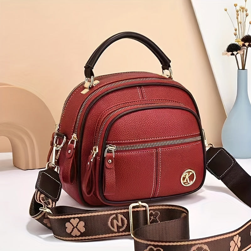 1pc Fashionable Round Crossbody Bag for Women, Multi-Layer Large Capacity, Solid Color Shoulder Handbag with Zipper Closure and Polyester Lining, Versatile 2024 New Arrival