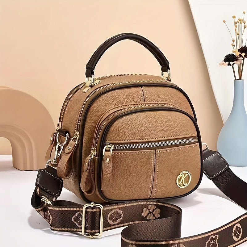 1pc Fashionable Round Crossbody Bag for Women, Multi-Layer Large Capacity, Solid Color Shoulder Handbag with Zipper Closure and Polyester Lining, Versatile 2024 New Arrival