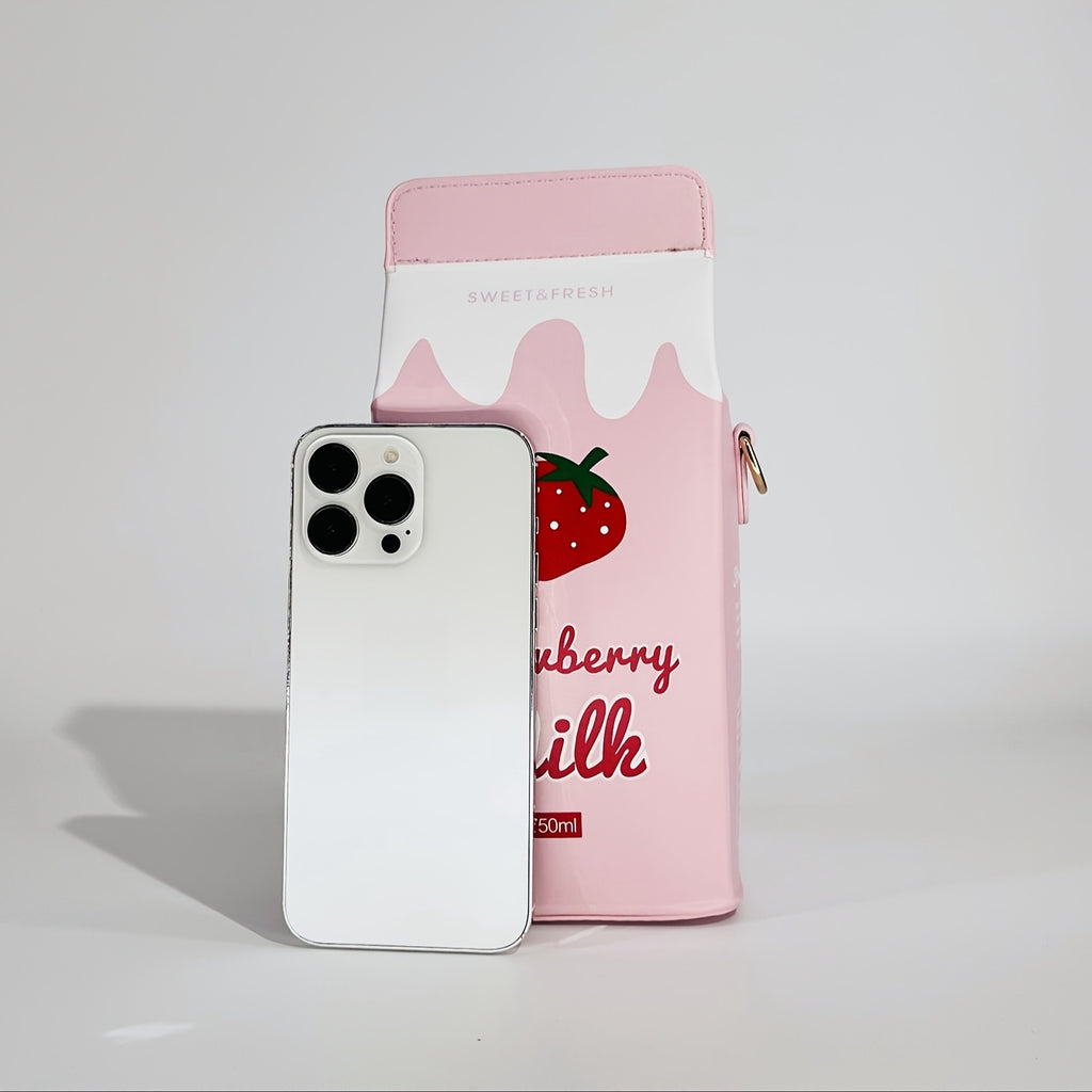 Strawberry Milk Carton Crossbody Bag - Cute Pink PU Shoulder Bag with Adjustable Strap, Zipper Closure, and Playful Cow Print Design for Travel & Everyday Use, Cow Print Purse