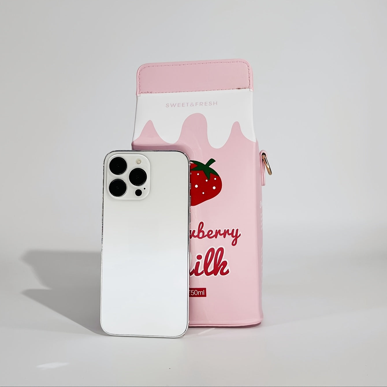 Strawberry Milk Carton Crossbody Bag - Cute Pink PU Shoulder Bag with Adjustable Strap, Zipper Closure, and Playful Cow Print Design for Travel & Everyday Use, Cow Print Purse