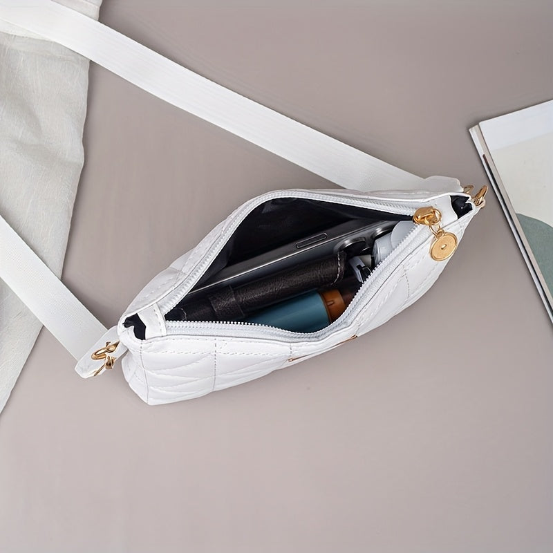2025 New Women's Fashion Quilted Chevron Crossbody Bag - with Adjustable & Detachable Strap, Golden-Tone Hardware, Zipper Closure, Khaki/White/Black, Crossbody Purse, Versatile Travel Purse, Modern Accessory, Durable Polyester Lining, Everyday Handbag, St