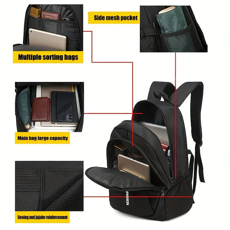 1pc Compact Men'S Nylon Backpack - Large Capacity Travel Bag for Work & College - Durable, Spacious, USB Cable Not Included - Fashionable Casual Style with Metal Puller, High-Quality Buckle, And Mesh Side Pockets - Black, Laptop Backpack, Suitable for Wom