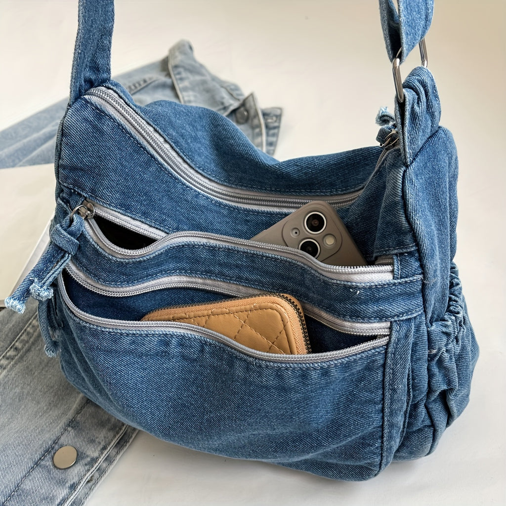 Casual Solid Color Denim Crossbody Bag for Women with Adjustable Strap, Multiple Zip Compartments, Fabric Shoulder Messenger Bag, Practical High-Fashion Design for Daily Use
