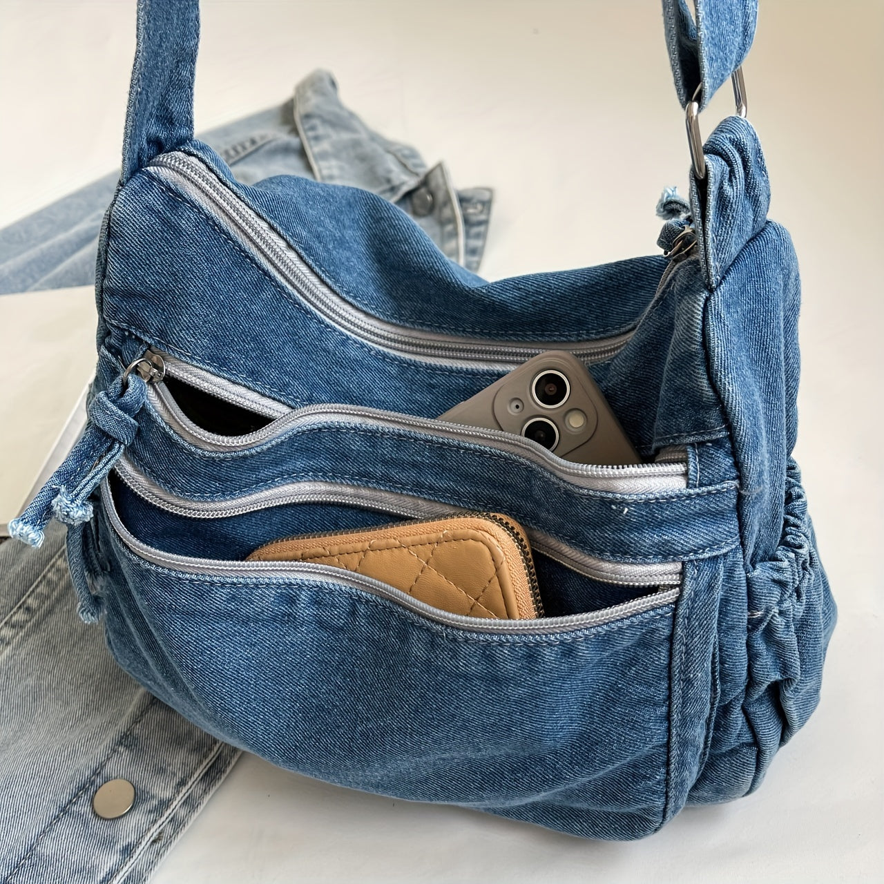 Casual Solid Color Denim Crossbody Bag for Women with Adjustable Strap, Multiple Zip Compartments, Fabric Shoulder Messenger Bag, Practical High-Fashion Design for Daily Use