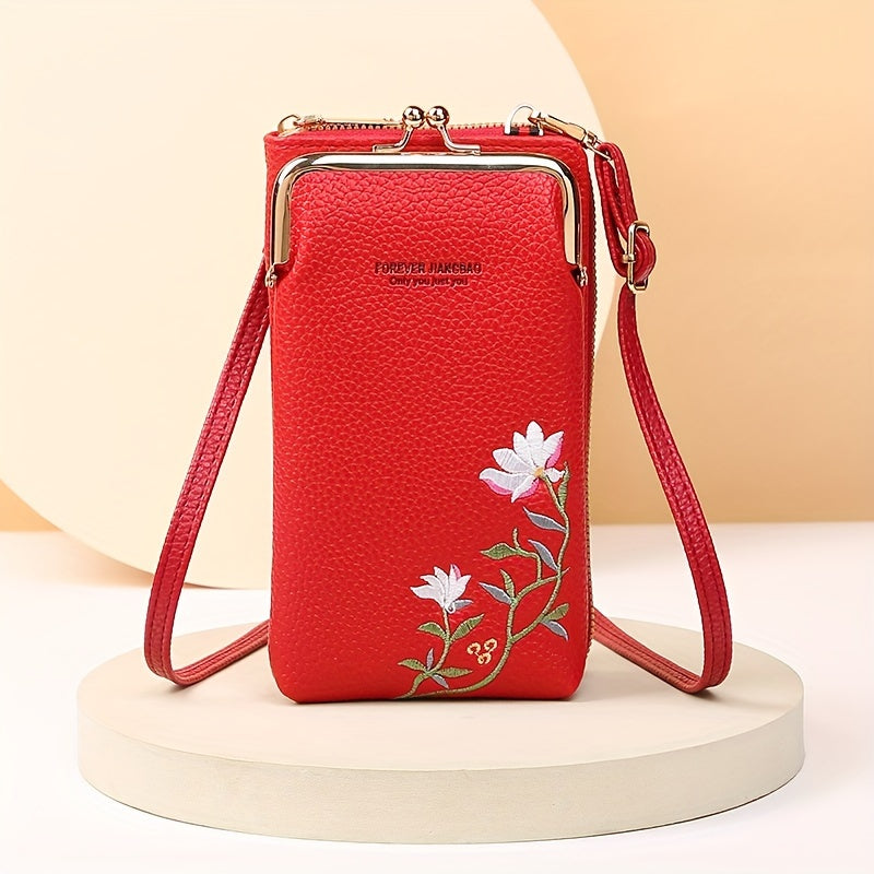 2024 New Women'S Messenger Bag, Korean Fashion, Lychee Pattern, Solid Color, Embroidered, Single Shoulder, Black Red, with Adjustable Strap, Buckle Closure, No Printing, No Edge Paint, with Operation Instruction Do Not Wash