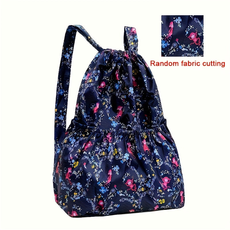 1pc Floral Print Nylon Drawstring Backpack - Lightweight Travel & Sports Rucksack with Shoulder Straps, Vibrant Geometric Design, Multiple Compartments for Women, Pink, Travel Backpack