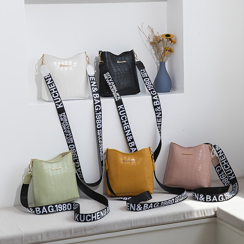 Stylish Crocodile Pattern Crossbody Bag with Golden-Tone Hardware & Black Letter Strap - Versatile Synthetic Leather Shoulder Bag in White, Pink, Green, Yellow, or Black - Trendy Minimalist Design for Everyday Use, Everyday Shoulder Bag | Trendy Crocodile
