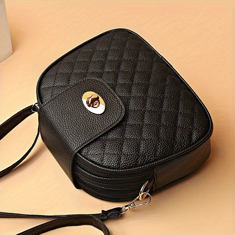 1pc Chic Quilted Round Shoulder Crossbody Bag - PU Leather, Casual & Stylish, Embroidery Detail - Perfect for Daily Use