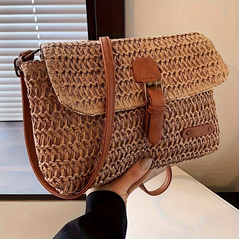 2024 Vintage Woven Crossbody Bag for Women - Braided Fabric Beach Bag with -Like Accents, Casual Summer Travel Bag in Deep Brown &, Polyester Lining & Easy-Access Zipper