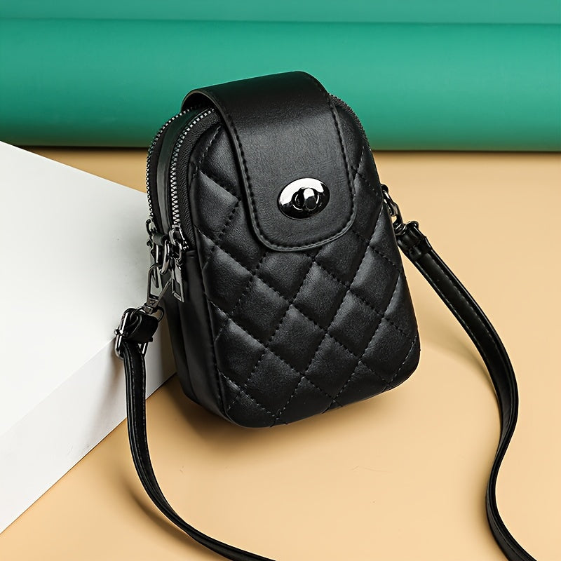 Stylish Black Quilted Crossbody Phone Bag with Anti-Theft Design, Detachable Strap & Multiple Compartments for Women, Phone Purse