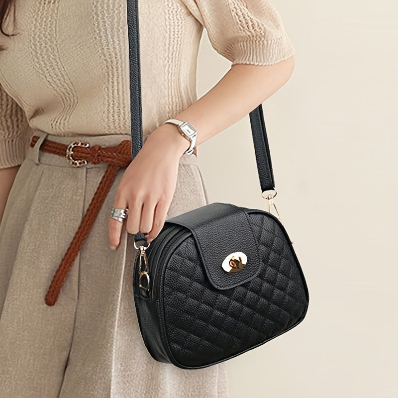 1pc Chic Quilted Round Shoulder Crossbody Bag - PU Leather, Casual & Stylish, Embroidery Detail - Perfect for Daily Use