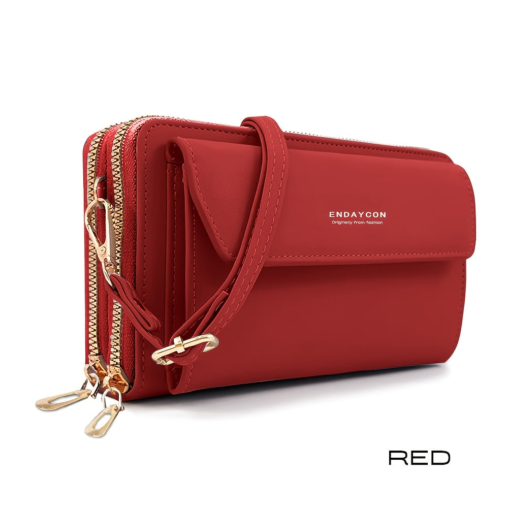 1pc Women's Fashionable Synthetic Leather Crossbody Bag, Large Capacity Multi-Functional Shoulder Purse with Adjustable Strap, Double Zipper Card Holder for Outdoor Shopping and Travel, Wet Wipe Clean, Non-Textile Weaving Method, Polyester Lined, Compact