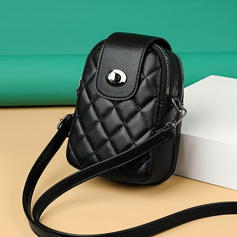 Stylish Black Quilted Crossbody Phone Bag with Anti-Theft Design, Detachable Strap & Multiple Compartments for Women, Phone Purse