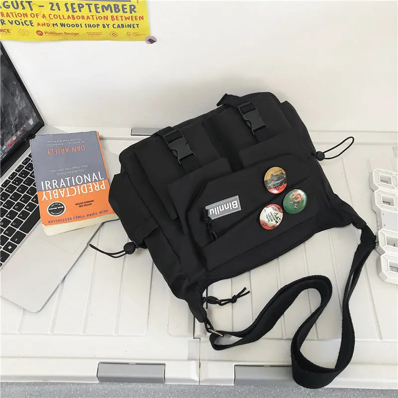 1pc Men's Casual Japanese Style Nylon Crossbody Backpack - Adjustable Shoulder Straps, Large Capacity with Multiple Pockets, Durable Black Daypack for School, Sports & Travel, Travel Backpack, Playful Decor Accents, Secure Zipper Closure, Outdoor Gear, Ur