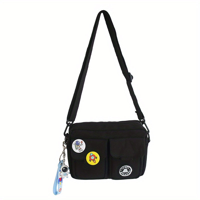1pc Stylish Men's Campus Square Crossbody Bag - Shoulder Bags with Nylon Fabric, Fashion Badge, and Pendant - Perfect for Daily Use
