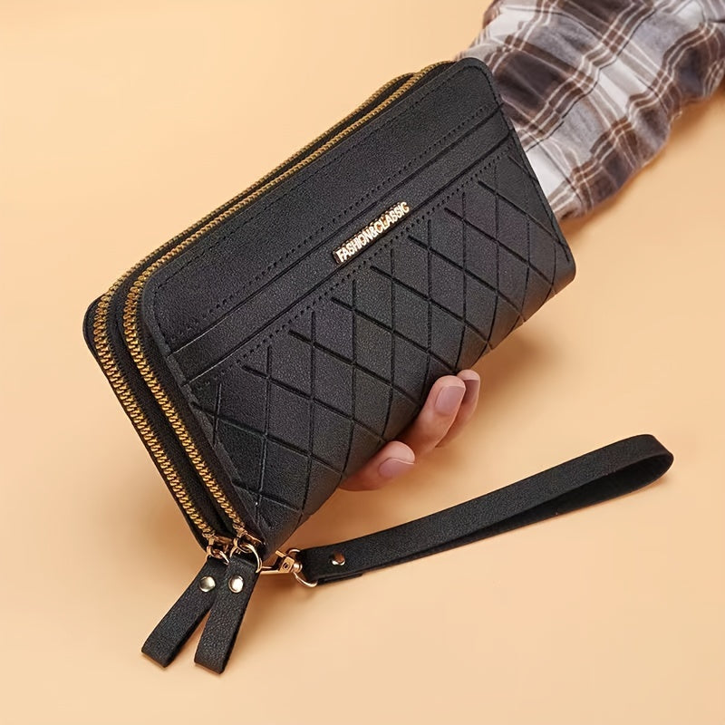 2023 Chic Black Diamond-Quilted Long Wallet with Wrist Strap, Double Zipper Closure, Large Capacity Phone Pocket & Multiple Card Slots - Synthetic Leather