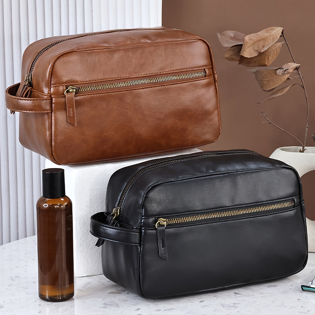 1pc British Style Men's Cosmetic Bag, Men's Travel Toiletry Bag, PU Leather Toiletry Bag, Travel Bathroom Bag, Travel Kit Men's Small Bag, Travel Accessories Shaving Bag For Business Trip, Portable Storage Large Capacity Toiletry Bag Pouch