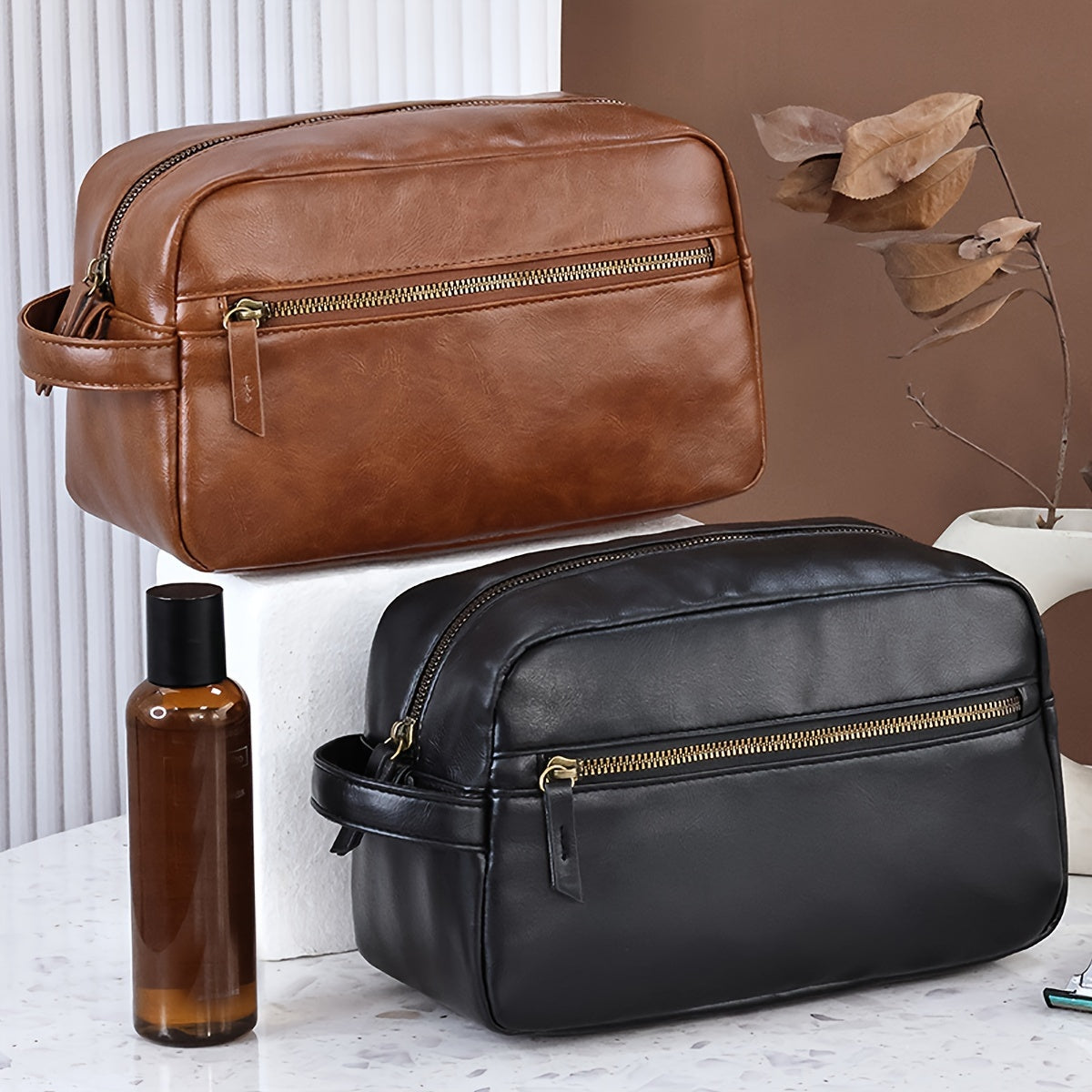 1pc British Style Men's Cosmetic Bag, Men's Travel Toiletry Bag, PU Leather Toiletry Bag, Travel Bathroom Bag, Travel Kit Men's Small Bag, Travel Accessories Shaving Bag For Business Trip, Portable Storage Large Capacity Toiletry Bag Pouch