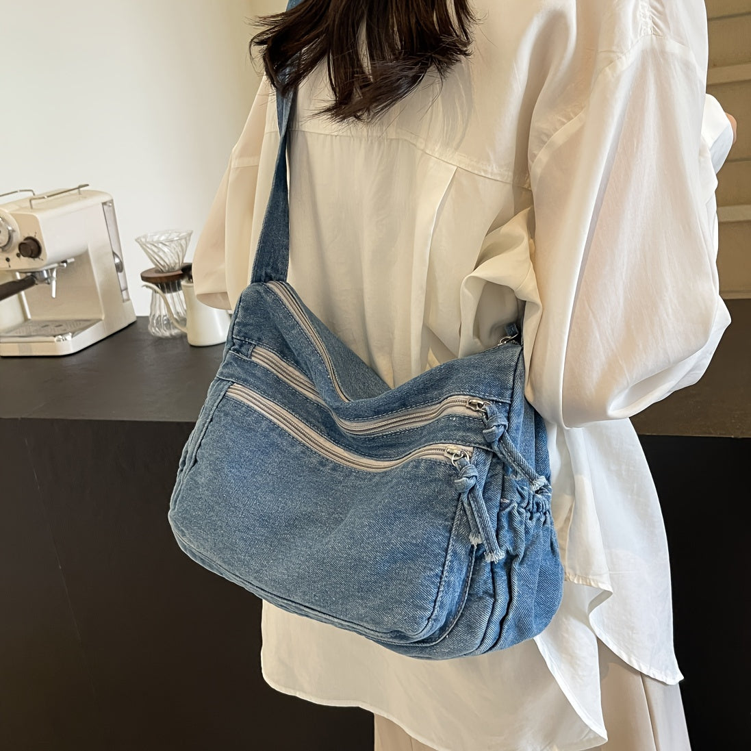 Casual Solid Color Denim Crossbody Bag for Women with Adjustable Strap, Multiple Zip Compartments, Fabric Shoulder Messenger Bag, Practical High-Fashion Design for Daily Use