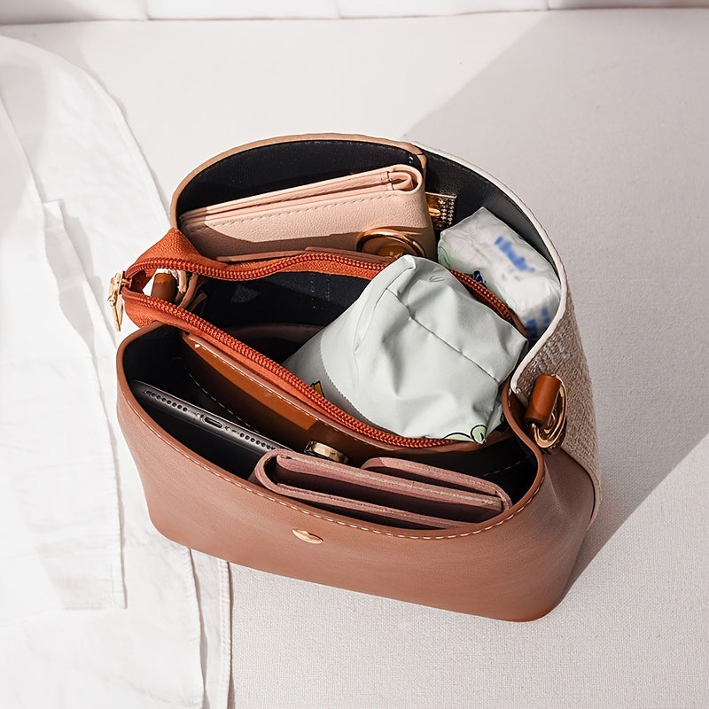1pc Women's Two-Tone Synthetic Synthetic Leather Crossbody Bucket Bag with Detachable Strap & Zipper Closure - Elegant Textured Design for Work, Commute, - Red/Blue/Black, Small Crossbody Bag, Work Accessory, Modern Bucket Bag, Metallic Buckle Strap