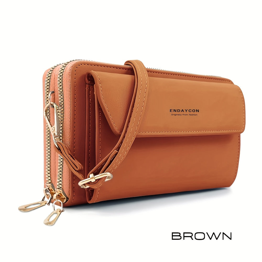 1pc Women's Fashionable Synthetic Leather Crossbody Bag, Large Capacity Multi-Functional Shoulder Purse with Adjustable Strap, Double Zipper Card Holder for Outdoor Shopping and Travel, Wet Wipe Clean, Non-Textile Weaving Method, Polyester Lined, Compact