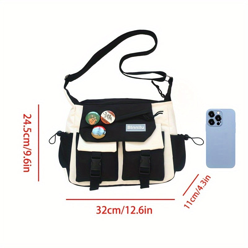 1pc Men's Casual Japanese Style Nylon Crossbody Backpack - Adjustable Shoulder Straps, Large Capacity with Multiple Pockets, Durable Black Daypack for School, Sports & Travel, Travel Backpack, Playful Decor Accents, Secure Zipper Closure, Outdoor Gear, Ur