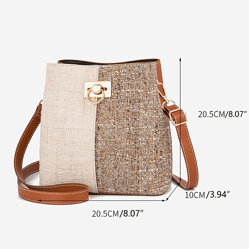1pc Women's Two-Tone Synthetic Synthetic Leather Crossbody Bucket Bag with Detachable Strap & Zipper Closure - Elegant Textured Design for Work, Commute, - Red/Blue/Black, Small Crossbody Bag, Work Accessory, Modern Bucket Bag, Metallic Buckle Strap