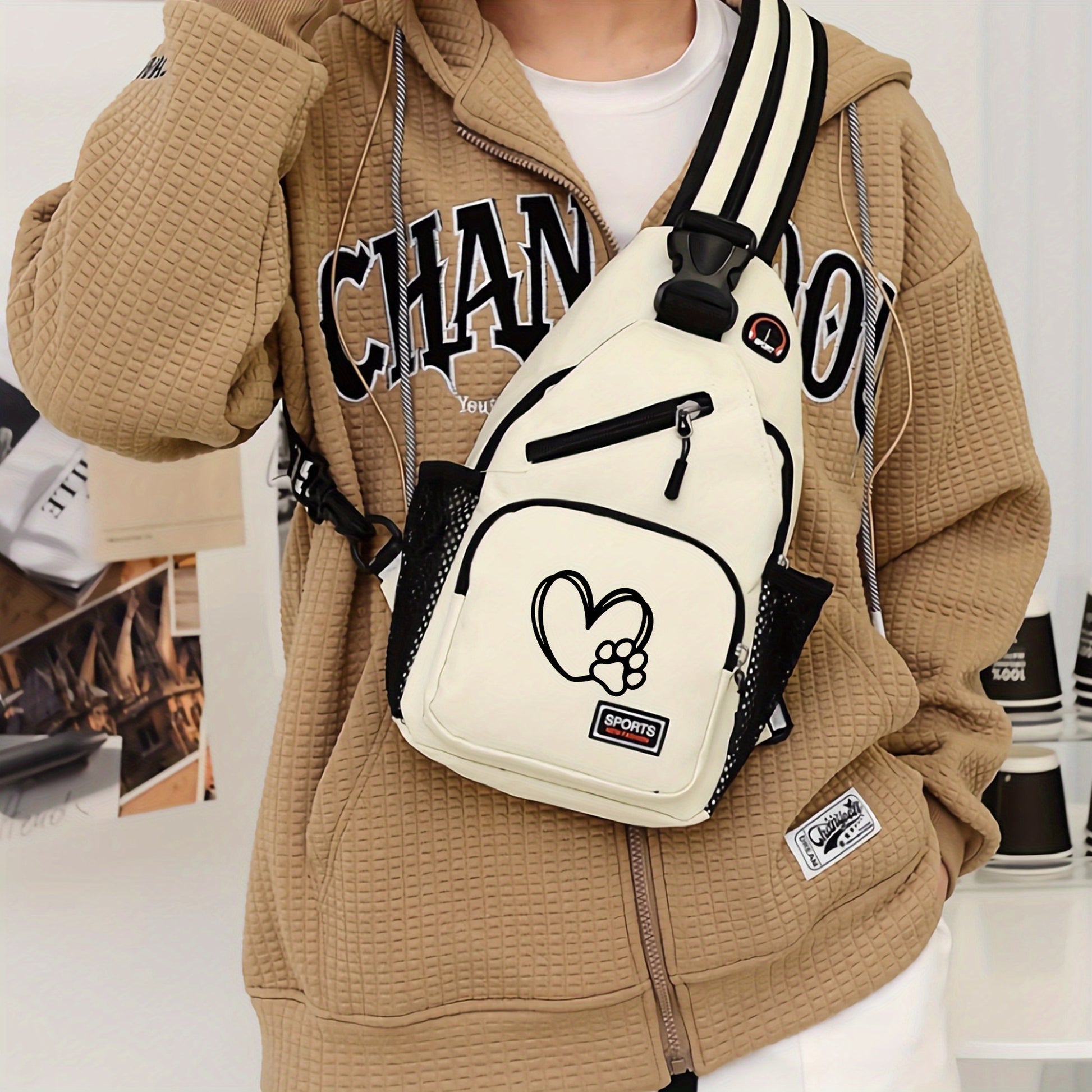 1pc Love Paw Print Oxford Crossbody Bag - Adjustable Strap, Spacious & Durable, Perfect for Outdoor Travel, Sports, and Daily Commute, Casual Chest Bag with Polyester Lining