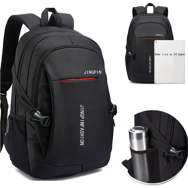 1pc Compact Men'S Nylon Backpack - Large Capacity Travel Bag for Work & College - Durable, Spacious, USB Cable Not Included - Fashionable Casual Style with Metal Puller, High-Quality Buckle, And Mesh Side Pockets - Black, Laptop Backpack, Suitable for Wom