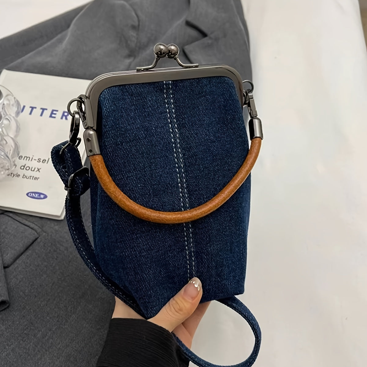2024 Women's Crossbody Bag with Detachable Strap - Anti-Fade Light Blue/Dark Blue Phone Purse, Kiss Lock Closure & Machine Washable Design for Commuting, Casual Outings & Work